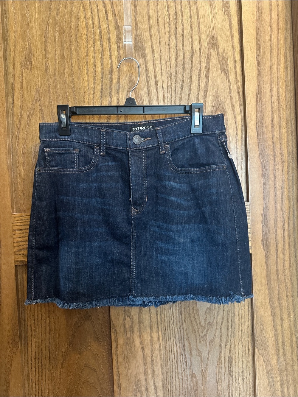 Express Indigo Denim Mini Skirt with Frayed Hem